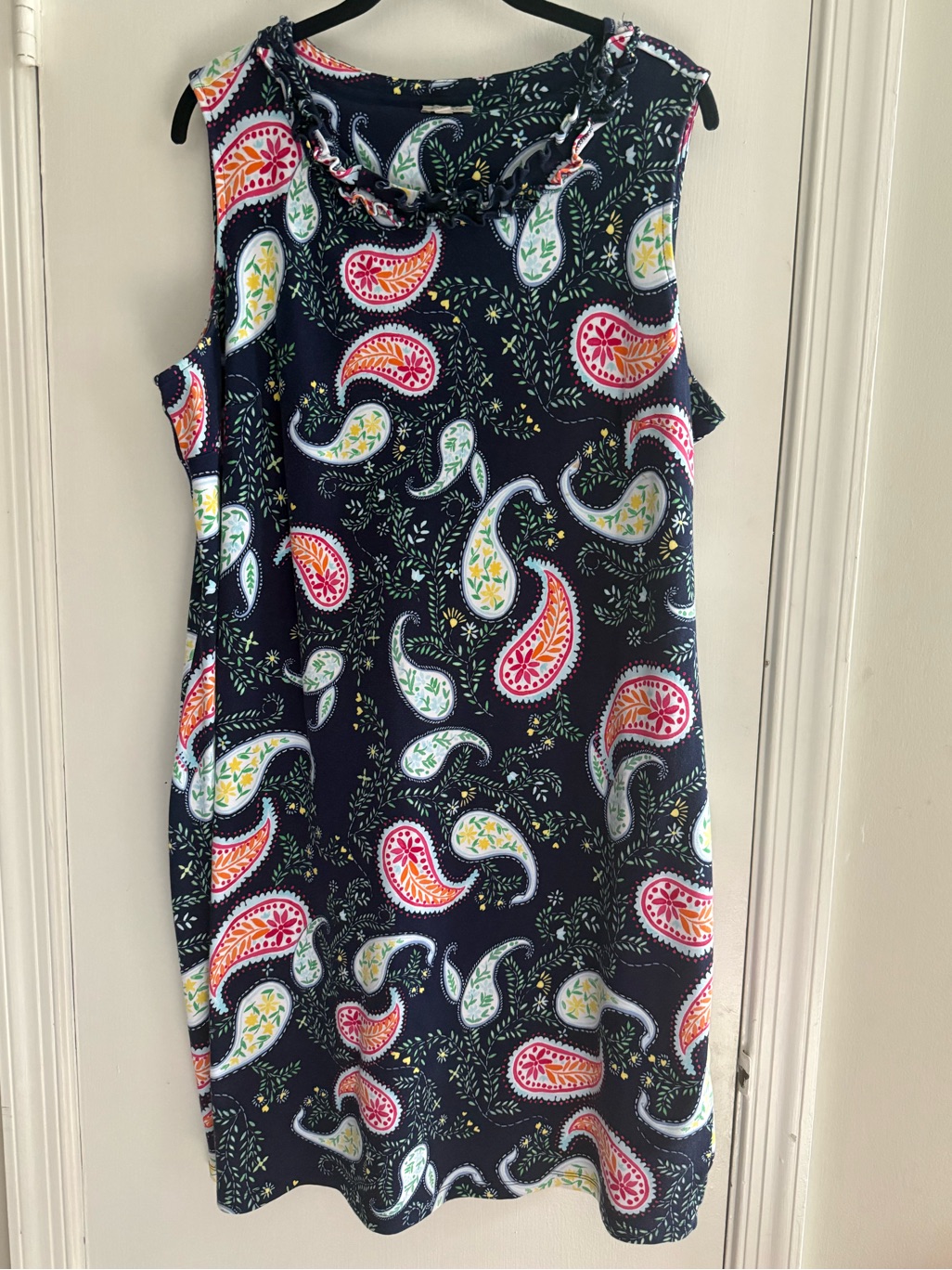 Talbots 100% Cotton Navy Paisley Ruffle-Neck Shift Dress Size 1x